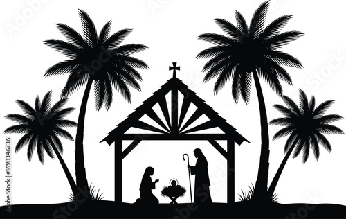 Nativity scene silhouette with Mary, Joseph, baby Jesus in stable, surrounded by palm trees, perfect for Christmas and religious designs.
