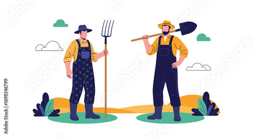 Two farmers standing in a field holding agricultural tools ready for hard work and cultivation