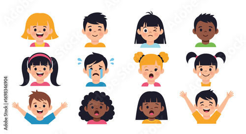 Diverse group of children expressing various emotions and feelings through facial expressions fun illustration
