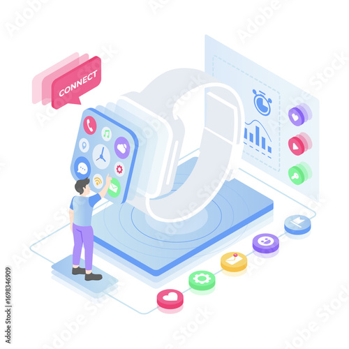 Smart watch app usage with modern interface and technology isometric illustration