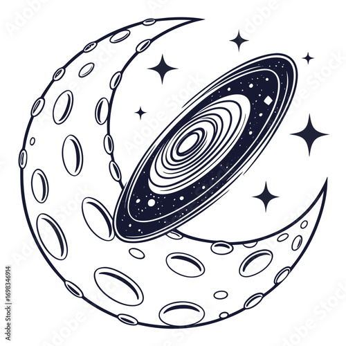 Stylized crescent moon with craters and stars surrounds a swirling galaxy in a dark celestial illustration