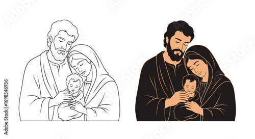 Religious illustration depicting the holy family joseph mary and baby jesus christ in a tender moment of love and devotion