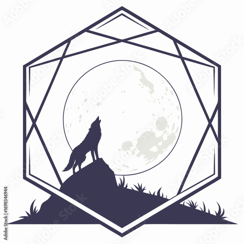 Stylized silhouette of a wolf howling at a large full moon framed by a geometric hexagonal design and set against a dark rocky outcrop with grass