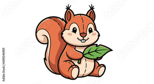 Adorable cartoon squirrel with bushy tail holding a green leaf.