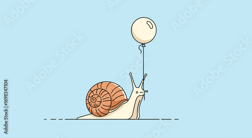 Whimsical snail carries balloon upward with delicate string against a bright blue sky background