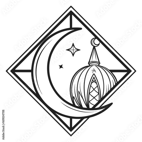 Stylized islamic geometric design featuring a crescent moon star and mosque dome within a diamond frame perfect for ramadan and eid celebrations