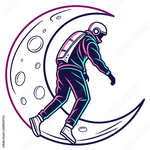 Retro futuristic astronaut surfing on a crescent moon with neon accents and craters in a stylized vector illustration