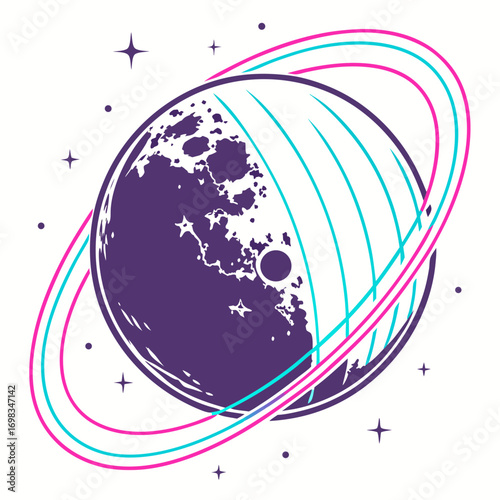 Stylized purple planet with bright cyan and pink rings and stars in a minimalist space scene