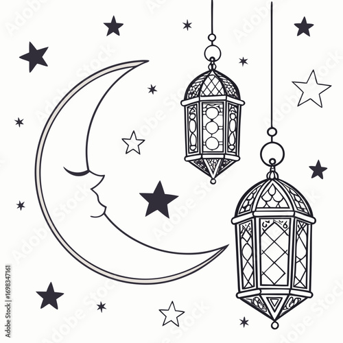 Whimsical crescent moon with a sleeping face surrounded by stars and ornate hanging lanterns creating a magical night sky illustration