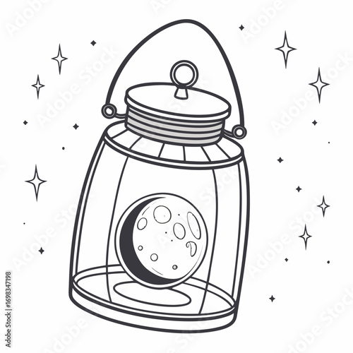 Whimsical line art illustration of a vintage lantern containing a crescent moon surrounded by twinkling stars and celestial elements