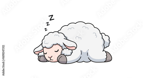 Adorable Cartoon Sheep Sound Asleep Fluffy White Fur.