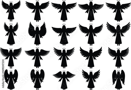 Set of Black Angel Silhouettes with Wings and Halo in Different Poses, Vector Religious and Spiritual Icons for Graphic Design