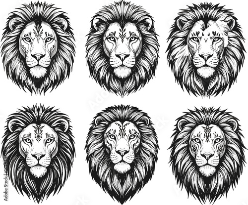 Lion head tattoo design, black and white lion illustration, tribal lion face art, roaring lion drawing, majestic animal ink sketch