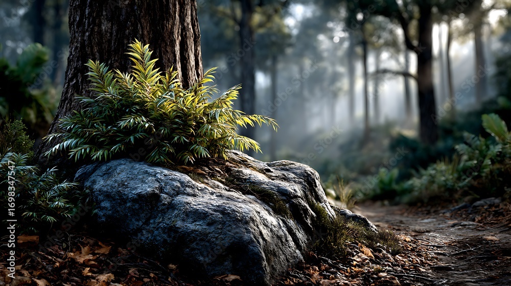 Fototapeta premium A sunlit glade in a dense forest, shafts of golden light catching new green leaves.