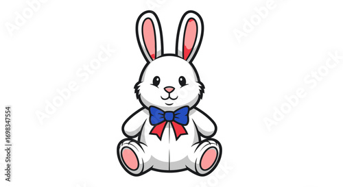Adorable Cartoon White Bunny Rabbit with Blue Bowtie.