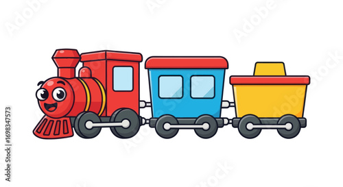 Cheerful Cartoon Red Steam Locomotive Pulling Blue and Yellow Carriages.
