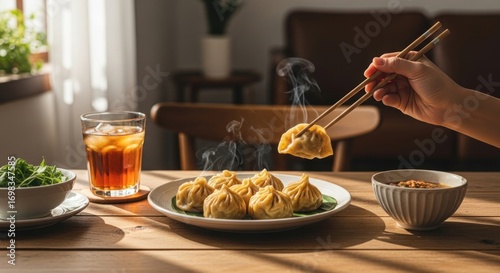 Steaming Asian Dumplings Served with Iced Tea on a Warm Wooden Table