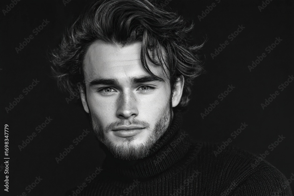 Fototapeta premium An attractive young man in a black and white portrait, with dark hair and a simple background, showcasing his clear facial features, highlighting his charming eyes and subtle smile.