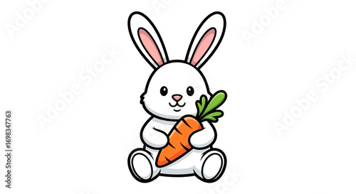 Adorable cartoon white bunny rabbit holding a fresh orange carrot.