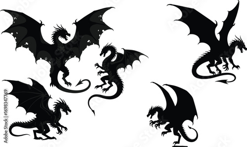 Dragon, silhouettes, flying, mythical, creature, fantasy, wings, claws, tail, black, outline, vector, illustration, isolated, design, element, legend