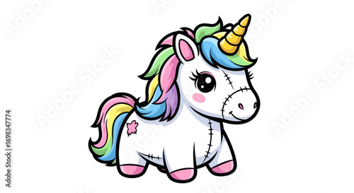 Cute Cartoon Unicorn with Colorful Mane and Horn.