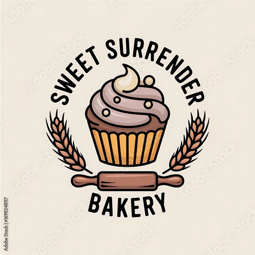 Sweet Surrender Bakery logo design with cupcake wheat and rolling pin