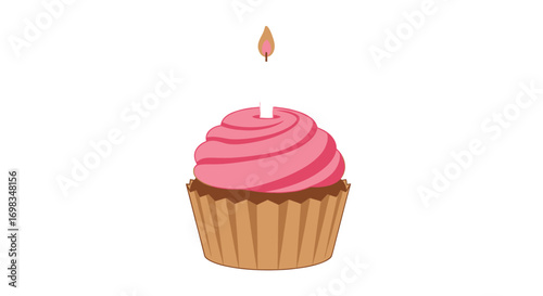 Pink Frosted Cupcake with Lit Candle for Celebration.