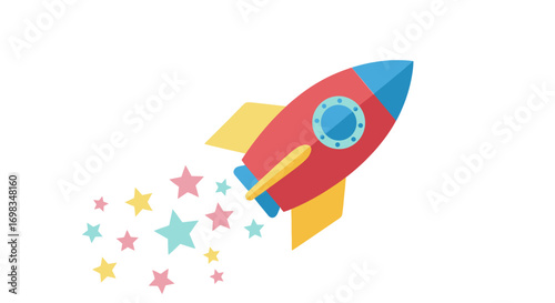 A colorful cartoon rocket ship launching upwards with a magical trail of pastel stars.