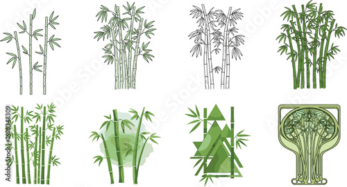 Bamboo plant illustrations, green stalk visuals, nature-inspired elements, decorative foliage set, black and white line style, abstract and realistic designs