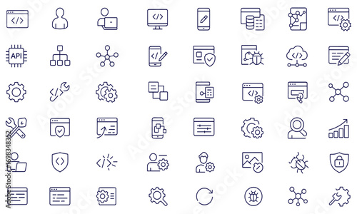 Web development icon set, line style coding icons for mobile apps, programmer, developer, software, code, bug fix, API, flow, network, app design, system, digital, browser, interface, cyber