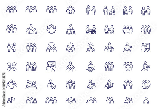 Teamwork Icon Set, Linear Outline Vector, Editable Stroke Web Icons of Business People, Team Building, Human Resources, Community, Organization, Workshop, Collaboration, Partnership, Leadership