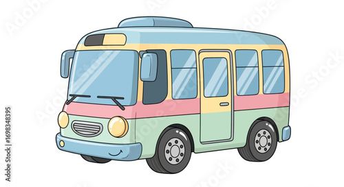 A cute and colorful cartoon minibus with a smiling face rendered in pastel shades of blue pink and green.