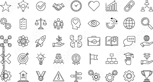 Business and education icons, communication visuals, technology and teamwork symbols, black and white line style, strategy and idea elements, UI design set