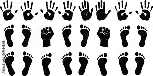 Handprints, fists, footprints, silhouettes, set, human, body, parts, pattern, black, outline, vector, illustration, isolated, design, element, icon, graphic, symbol, collection, track, mark