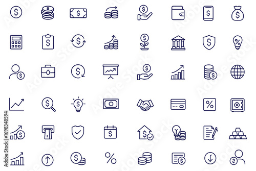 Icon set finance money profit in line style, editable stroke vector illustration of business income collection including earnings, savings, payment, investment, growth, banking, management, wealth