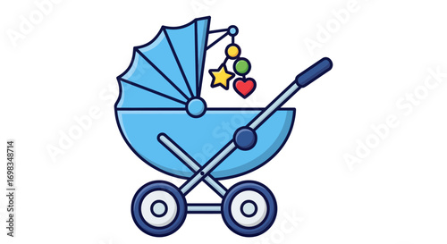 Blue Baby Stroller with Hanging Toys Cartoon Style.