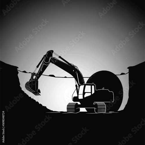 Silhouette illustration of a construction excavator digging into the earth, creating a hole.
