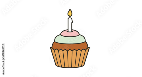 A single cupcake with lit candle and colorful frosting.