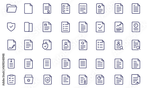 Document icon set, linear outline collection with editable stroke, folder, contract, certificate, clipboard, invoice, archive, approve, office file, business papers, report, record, signature, form