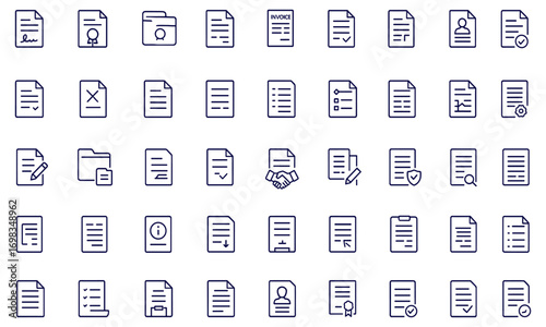 Document icon set in linear line style, editable stroke collection with contract, folder, certificate, clipboard, invoice, archive, approved papers, office forms, reports, records, agreements