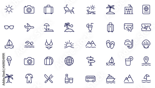 Summer travel and vacation line style web icon set, beach holidays, tourism, hotel, passport, luggage, sunglasses, seaside resort, palm island, leisure relax symbols, vector illustration