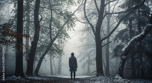 Rear view of a solitary person in a dark coat and red hood standing still in a cold foggy winter landscape.