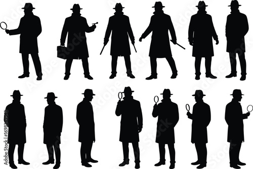 Detective silhouette vector set, mystery character illustration, noir private investigator clipart, man with magnifying glass, coat, hat, spy icons