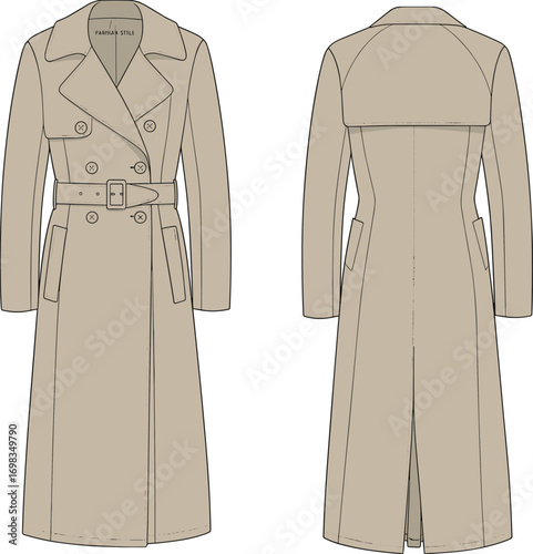Classic trench coat fashion design, long overcoat template, belted outerwear, double breasted coat style, cad drawing flat vector illustration
