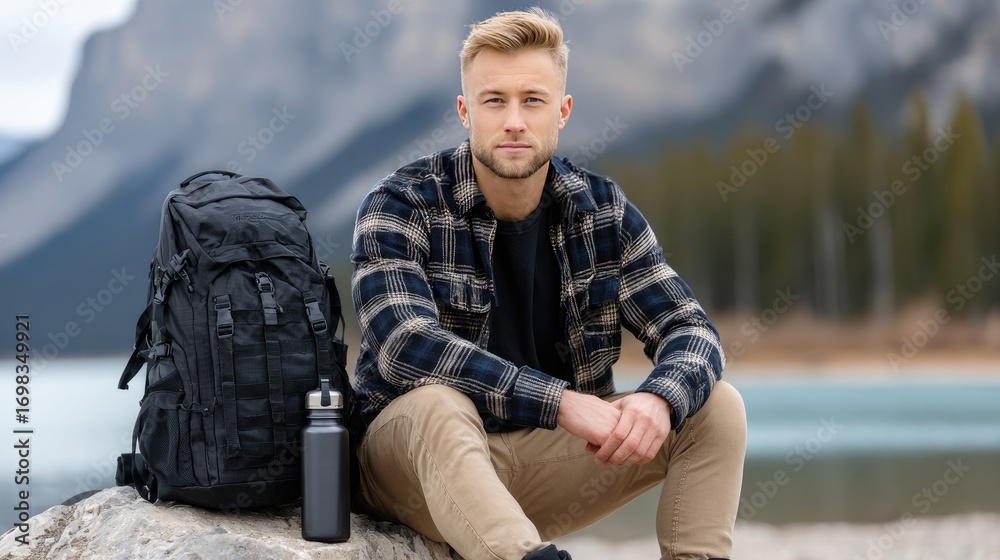 Fototapeta premium A man sits on a rock by the lake, dressed for hiking with a flannel shirt and boots, relaxing in nature surrounded by mountains and trees.