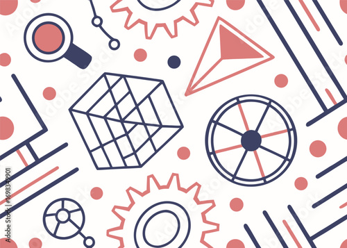 Seamless pattern of technology and innovation icons for science and business strategy in a modern line art style