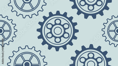 Seamless pattern of retro technology icons with gears and emblems for gaming and creative industry concepts