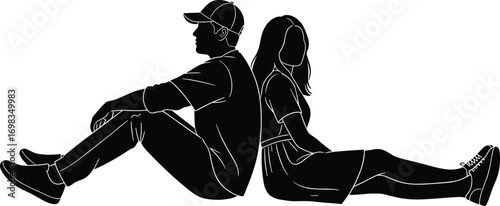 People, silhouettes, sitting, back‑to‑back, casual, clothing, man, woman, friendship, relationship, posture, black, outline, vector, illustration
