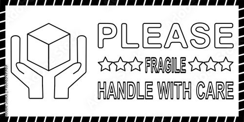 Fragile outline sticker with hands and package symbol includes please handle with care message for delivery and storage safety.