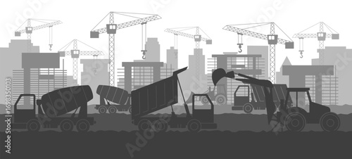 Construction machinery silhouettes. Heavy equipment. Excavator and building crane. Dump truck. Digger vehicles. Mining site background. Industrial skyline road. Vector garish architecture landscape